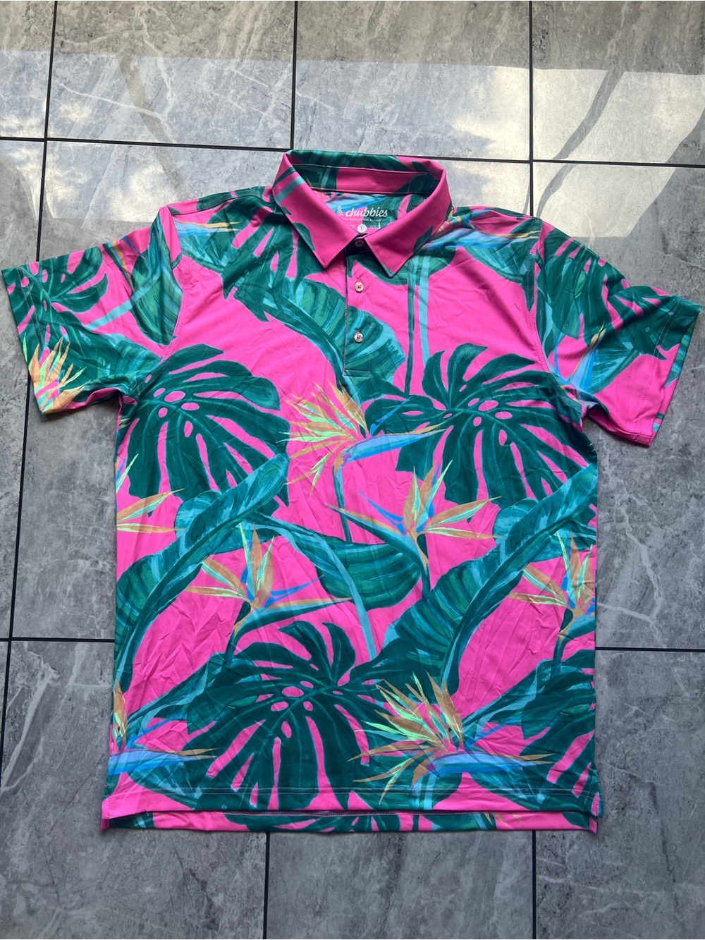 Chubbies Men's The Bird of Paradise Performance Polo Shirt Floral Golf Logo Sz L